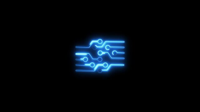 Glowing blue circuit board neon light animation on black background technology concept