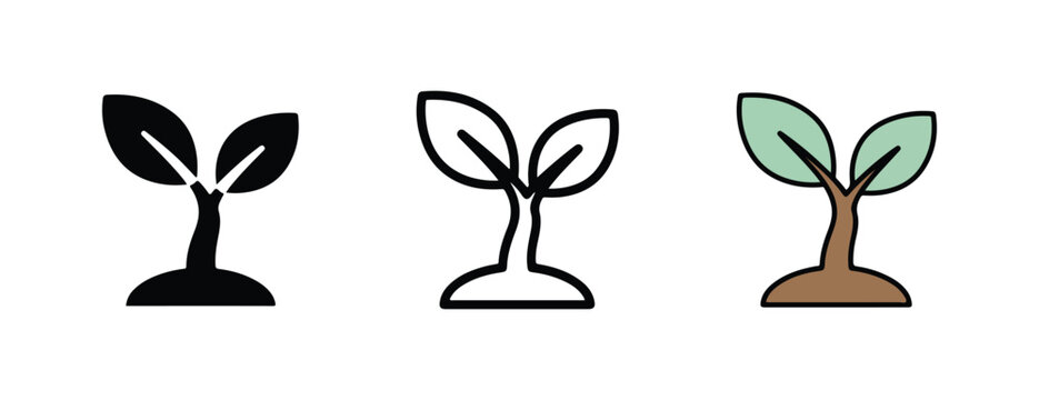  plant sprout icons with two leaves on each plant growing from the ground in various styles and colors for business and design use  simple illustrations