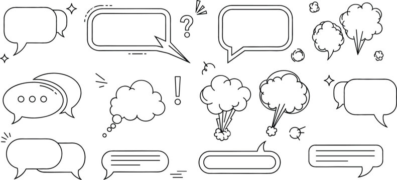 Speech bubble vector doodle set with comic cloud blast chat balloon text box and message line art icon