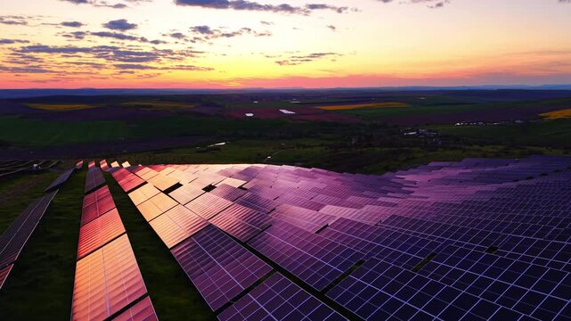 Photovoltaic solar array field at twilight dusk. Wide angle elevated view of massive sustainable power installation reflecting red sunset glow near dark rolling field.