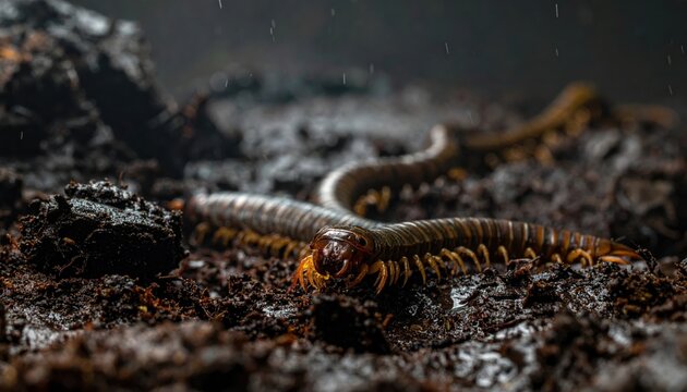 Centipede scurrying across damp soil in a low tracking shot, showcasing its numerous legs and segmented body in intricate detail.