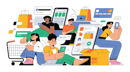 Fototapeta premium People using mobile phones and laptops for online shopping and e-commerce transactions vector illustration