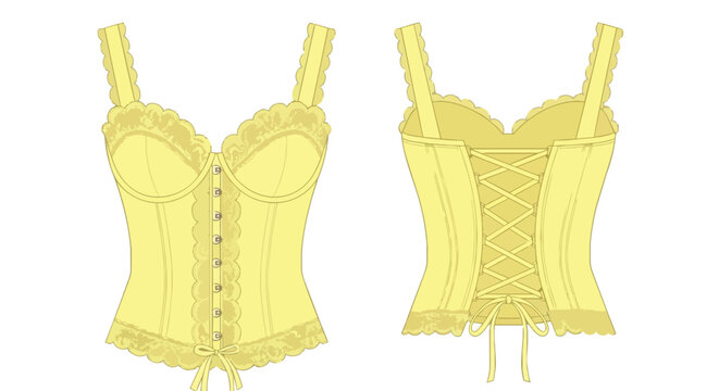 Pale Yellow Corset Bustier Fashion Sketch Technical Flat Design Front and Back View with Delicate Lace Trim Details