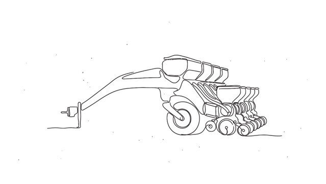 Continuous single line drawing of a modern agricultural seed drill.