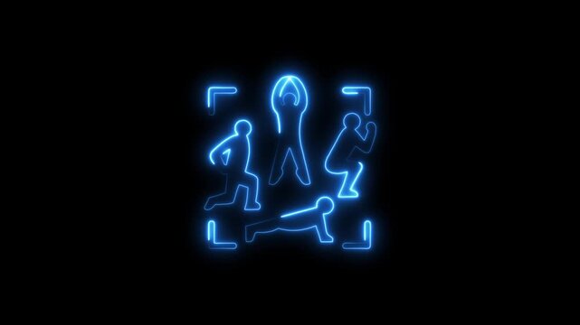 Neon blue stick figures running with dog on black background