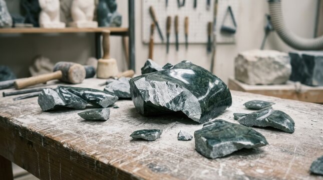 Raw stone blocks and carving tools in an artist's workshop awaiting transformation