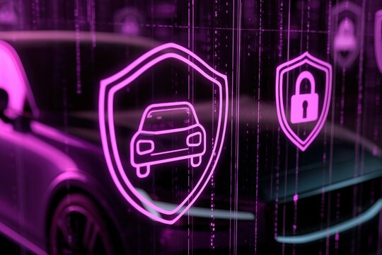 Futuristic Neon Car Security Concept with Shield Icons