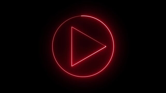 Futuristic glowing red neon play icon loop animation on black background.media players, and start buttons.