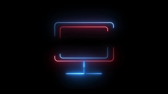 Glowing neon blue desktop computer screen icon animation. Idea for technology,and digital device concepts on dark background.