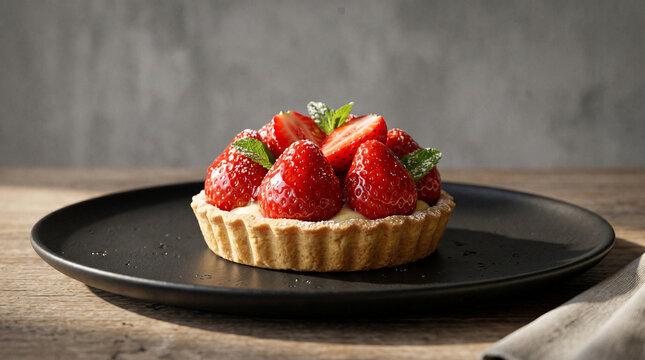 Strawberry tart on a black plate with rustic wooden background  