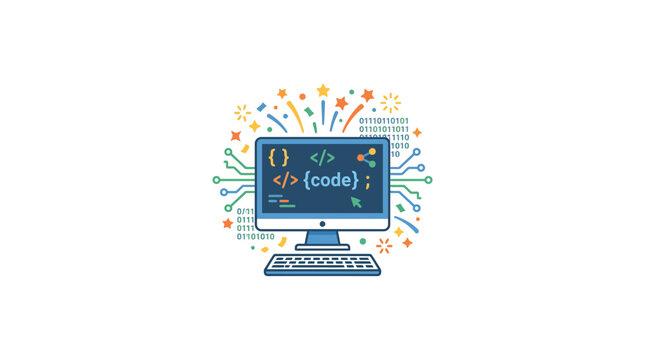 Creative coding concept with computer and programming icons illustration
