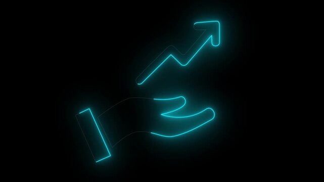 Glowing neon blue hand supporting a rising growth arrow chart animation. Perfect for financial help on black background 4k animation.