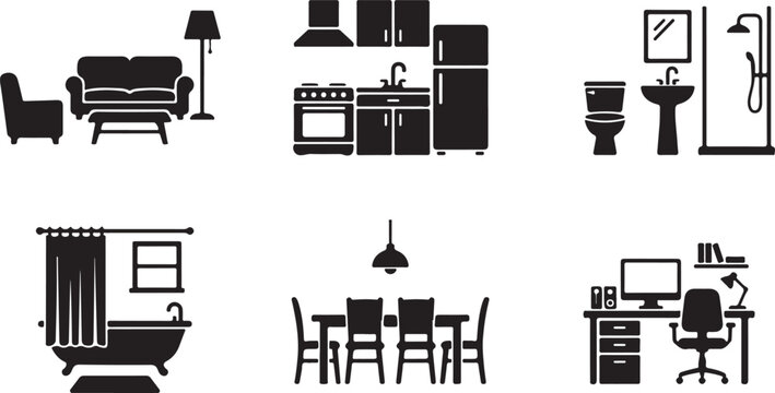 Modern home furniture icons, interior room set, black house vector isolated on Transparent Background