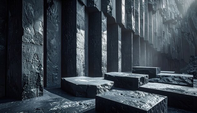 Striking Geometric Basalt Columns with Textured Surfaces and Dramatic Lighting