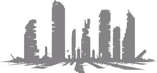 Naklejka premium Silhouette of a ruined cityscape with damaged skyscrapers and debris
