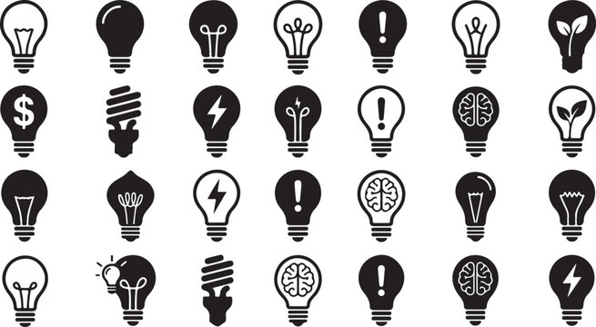 Light bulb icon set, 28 idea symbols, creative energy vector icons isolated on Transparent Background