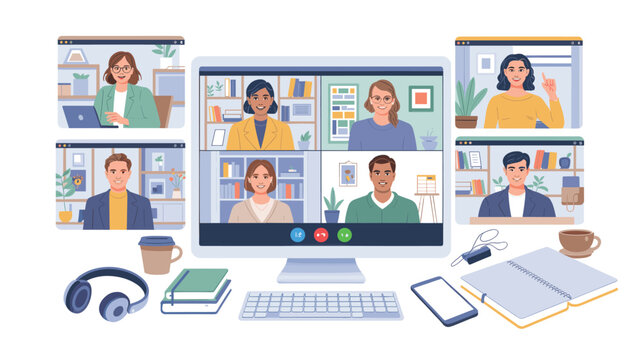 Online Video Conference Call on Desktop Computer Screen with Multiple Participants Illustration