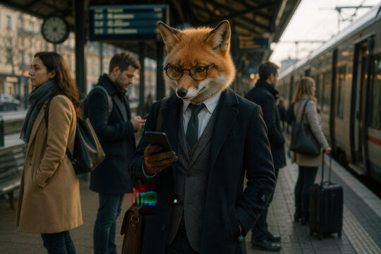 Fox in suit stands at train station, engrossed in phone
