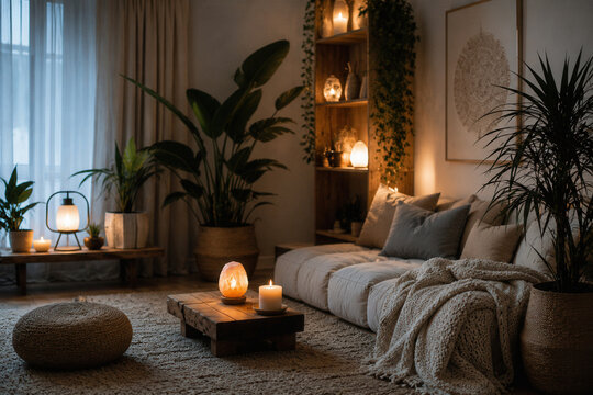 Cozy living room bathed in warm, golden candlelight
