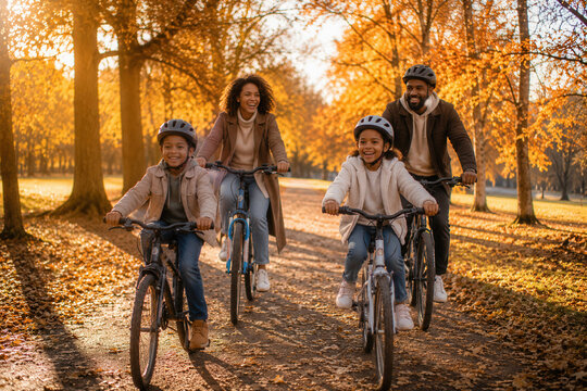 Golden autumn light bathes a joyful family biking