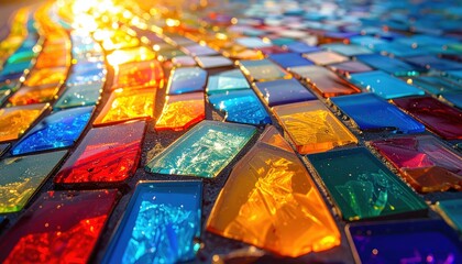 Fototapeta premium Sunlit mosaic of colorful glass tiles forming a vibrant textured surface, showcasing intricate detail.