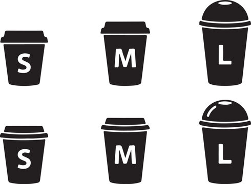 Coffee cup size icons, small medium large drink mugs, 6 vector set isolated on Transparent Background