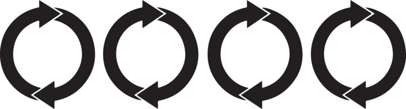 Circular arrow icons, black recycle symbols, 4 vector loop elements isolated on Transparent Background