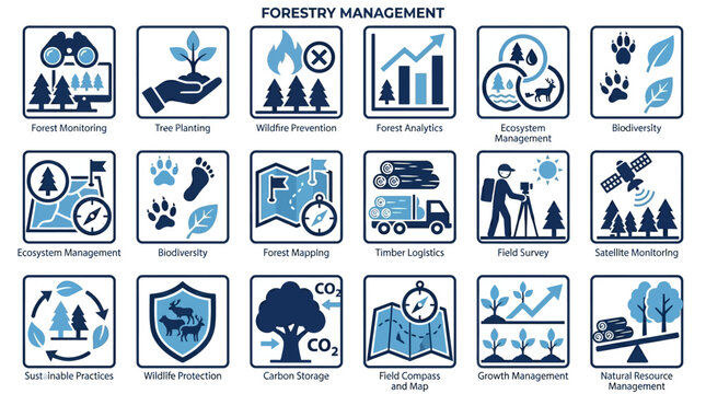 Forestry management icons and symbols.