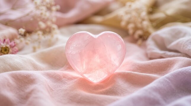 Polished Pink Crystal Heart Stone on Soft Fabric Background