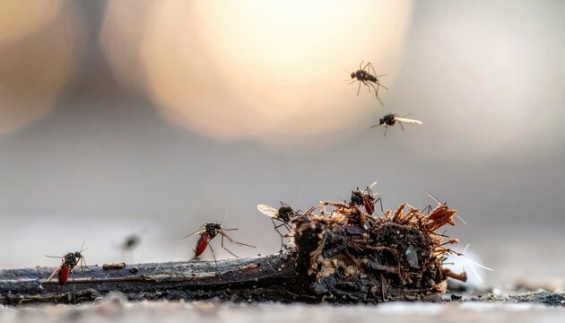 Fungus gnats hovering near decomposing matter in a soft focus macro