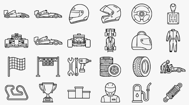 Industrial Racing Equipment and Components Comprehensive Icon Set with high professional line art symbols for modern creative design and digital branding projects
