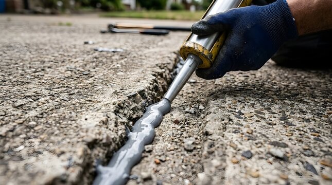 Close up view of a worker hand applying grey polyurethane sealant compound into a cracked concrete surface using a manual caulking gun.
