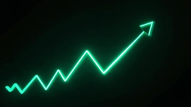 Abstract neon arrow business graph chart icon animation background. Market Recovery Concept. Successful growth trend Green line graph going Up. on the black, background Financial data and di.