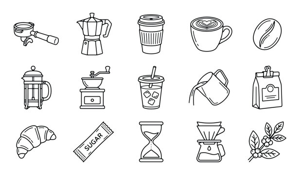 Set of black and white coffee icons for cafe menu
