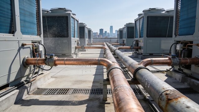 Rooftop chillers serving as a central air conditioning system for a modern commercial building.