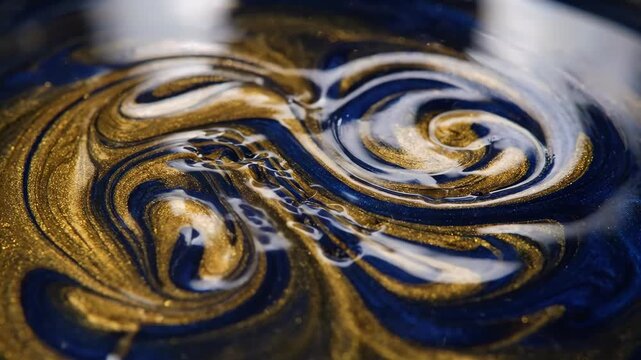 Elegant abstract swirling patterns in deep blue and gold fluid art showcasing a glossy finish for a modern aesthetic