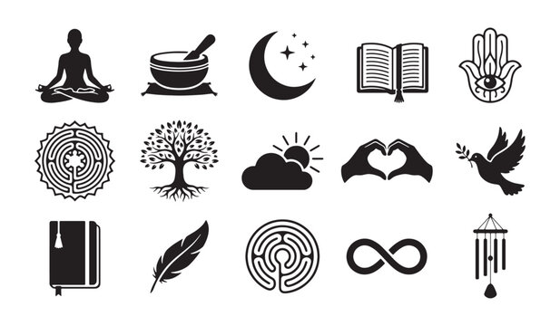 Spirituality and Wellness Icons - Vintage Silhouette Vector Set with Meditation, Yoga, Sacred Symbols, and Mindfulness Elements