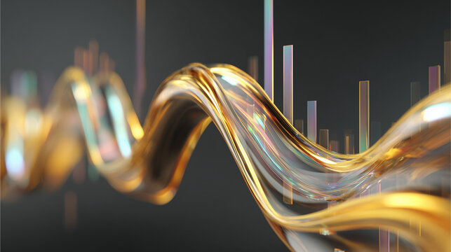 Premium abstract quantum finance background with flowing liquid gold ribbons and translucent holographic 3D bar charts