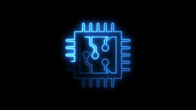 Glowing blue microchip circuit board neon light animation on black background technology concept blue glow