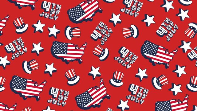 Animated 4K loop with seamless pattern of USA maps, Uncle Sam hats, stars, and "4th of July" text on red. Great for patriotic video editors, holiday event screens, and advertising campaigns.