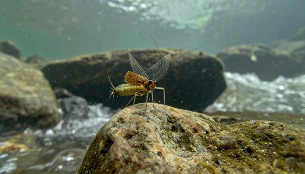 Stonefly nymph clinging to a submerged rock in a shallow stream, showcasing aquatic life.