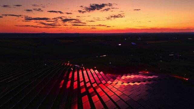 Crimson sunset glow on a solar module farm hill. Nightfall drone shot showing dark landscape silhouette with bright red light reflection on diagonal panel line.