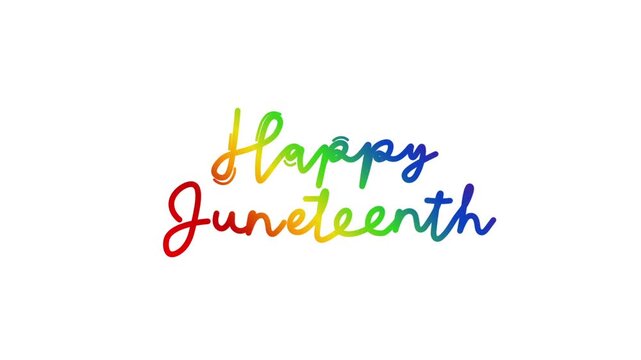 Happy Juneteenth One line continuous animated typography intro outro animation video, hand drawn calligraphy lettering monoline vintage text hand drawing rainbow type on white background bg backdrop c