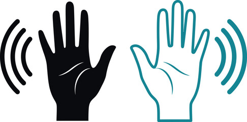 Fototapeta premium Waving hand icons indicating greeting or signal, in black and teal outlines.