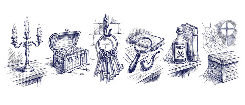 Vintage escape room mystery icons set with treasure chest, old keys, magnifying glass, poison bottle, and candelabra drawing. Detective adventure quest design elements in engraved fine line art style.
