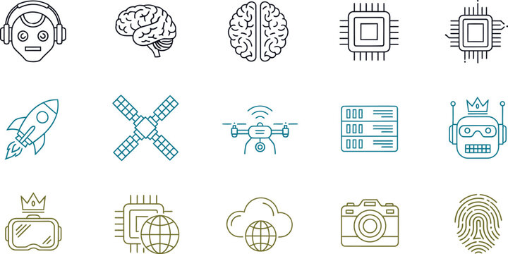 Technology and innovation icons featuring AI, robotics, data, and science elements.