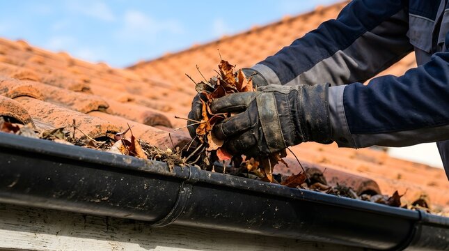 Close up of a worker wearing heavy duty protective gloves removing clogged dry leaves and debris from a black plastic roof gutter system.