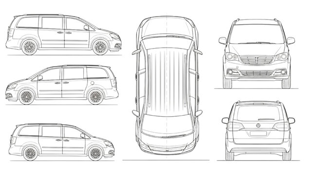 Detailed 2D AutoCAD Vector drawing of a minivan from multiple angles