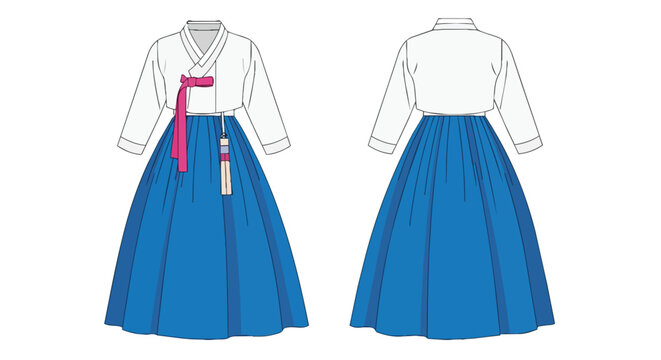 Traditional Korean Hanbok Dress Flat Fashion Sketch Illustration Set with Front and Back View White Top Blue Skirt