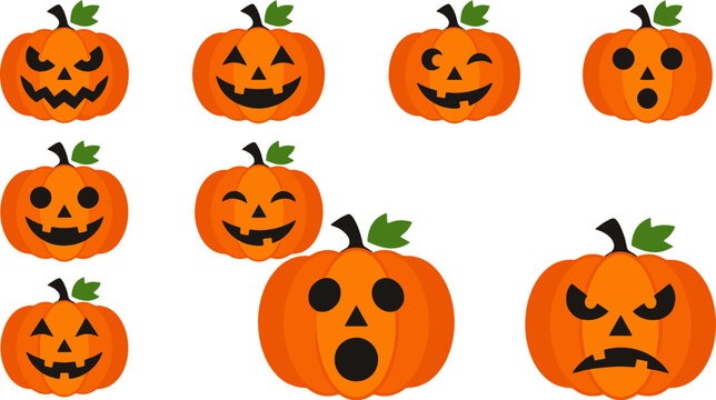 Collection of Halloween pumpkins with different expressions. Jack-o-lantern faces for scary decorations.